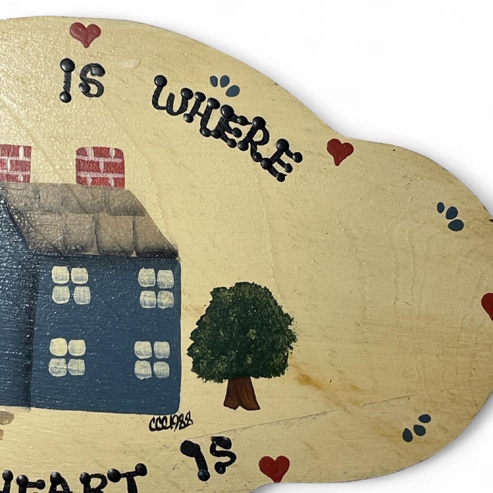 Vintage Cottagecore Home Is Where The Heart Is Handpainted Wood Wall Plaque Rare - Picture 8 of 8